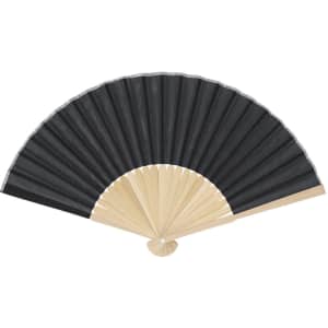 A black and natural wood hand fan, featuring a simple design and a curved structure, with a logo displayed.