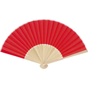 A red hand fan with a beige handle, featuring an elegant design and a logo on the handle.