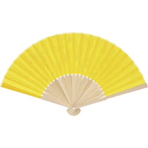 A yellow hand fan with a wooden frame, featuring a simple design and an integrated logo.