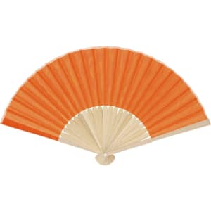 An orange hand fan with a wooden frame and a pleated design, featuring a decorative logo.