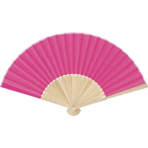 A pink hand fan with a wooden frame, featuring a simple design and a bright colour.