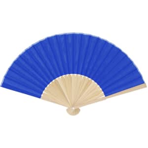 A blue hand fan with a wooden base and ribs, featuring a simple design and smooth finish.