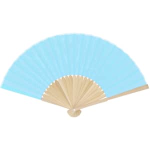 A blue hand fan made of fabric and bamboo, featuring a scalloped edge and a curved handle.