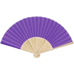 A purple hand fan with a wooden frame and pleated fabric, ideal for leisure and outdoor use.