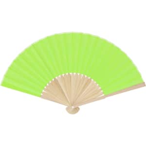 A green hand fan with a bamboo frame, featuring accordion-style pleats. It includes a simple logo on the handle.