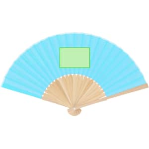 A blue hand fan with a wooden frame and a branded area in the centre.