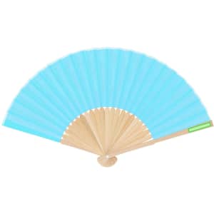 A blue hand fan with a wooden frame and a foldable design, featuring a simple branding element.