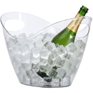 A clear plastic ice bucket filled with ice cubes and a bottle of champagne. The bucket features two handles.