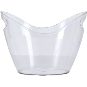 A clear ice bucket with a sleek, modern design and a unique shape, featuring a logo on the surface.