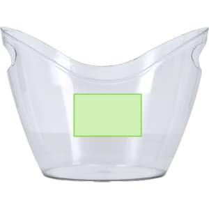 A clear plastic ice bucket with a smooth, modern design and two handles. It has a placeholder for branding.