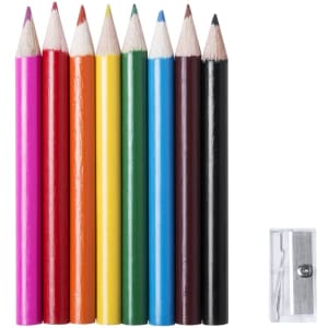 A set of eight coloured pencils in various vibrant colours, alongside a sharpener.