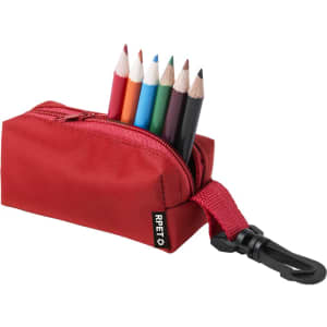 A red pencil case with a zipper, holding six coloured pencils in various shades, and featuring a clip attachment.