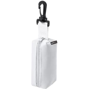 A white pencil case with a zip closure and a clip attachment. Features a logo on the side.