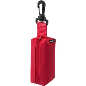 A red pencil case with a zip and a clip attachment, featuring a logo.