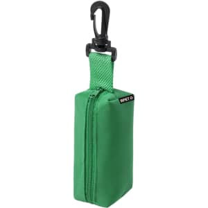 A green pencil case featuring a zipper and a clip for attachment, made from RPET material.