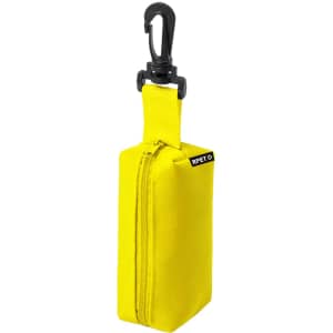 A yellow pencil case with a zippered compartment and a clip hook for attachment. It features a logo on the side.