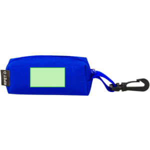 A blue pencil case with a clip, featuring a blank area for customisation and a branding logo.