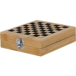 A bamboo game set with a checkered design on top and a metal clasp, featuring black and natural wood colours.