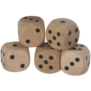 Five wooden dice in a light beige colour, featuring black dots on each face, stacked in a pyramid arrangement.