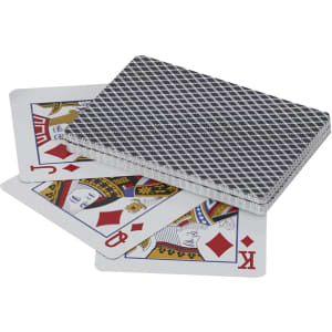 A deck of playing cards with a patterned back, featuring a King and an 8 of diamonds visible in the foreground.
