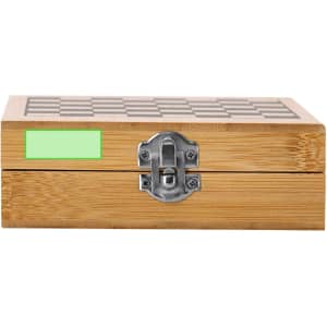 A bamboo game set box with a transparent lid and a metal latch, featuring a checkerboard design.