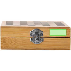 A wooden game set box with a metal clasp, featuring a checkered design on the lid. It has a branding logo.