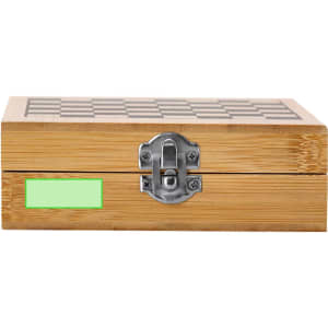 A bamboo game set box featuring a wooden chessboard top and a metallic latch, showcasing a natural finish.