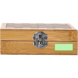 A wooden box with a bamboo finish, featuring a chessboard design on top and a metal latch.
