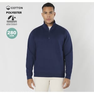 A navy blue adult sweatshirt with a quarter-zip design and a lightweight, warm fabric blend. Features a logo.