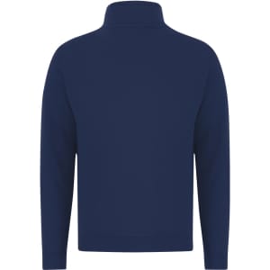 A navy blue adult sweatshirt featuring a high collar and long sleeves, with a branding logo on the back.