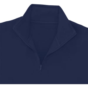 A navy blue adult sweatshirt featuring a zippered collar and a simple design with a branding logo.