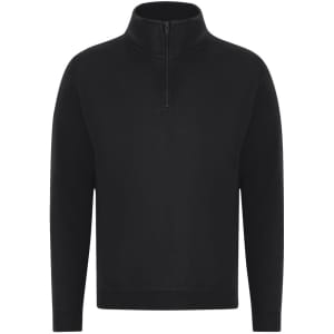 A black adult sweatshirt with a zippered collar, featuring long sleeves and a relaxed fit. It has a small logo.