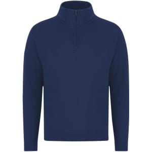 A navy adult sweatshirt with a high collar and half zip. It has long sleeves and a plain design.