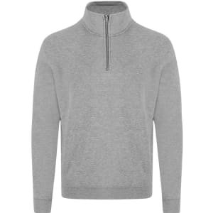 A grey adult sweatshirt featuring a high neck and a zippered collar, with a branding logo.