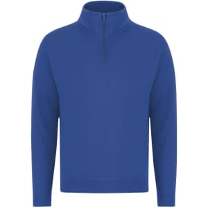 A blue adult sweatshirt with a zip neck and long sleeves. It features a logo on the front.
