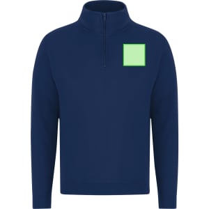 A navy adult sweatshirt with a zip collar and a green square placeholder on the front. It features a logo.