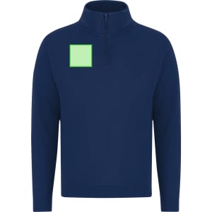 A navy blue adult sweatshirt featuring a zip-up collar and a small green square. It includes a logo on the front.