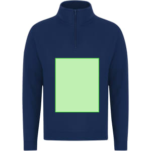 A navy sweatshirt with a high collar and a green square design on the front, featuring a logo.