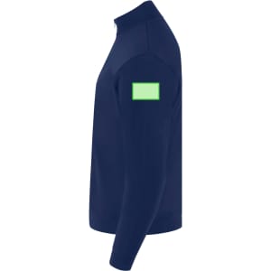 A navy blue adult sweatshirt with a green rectangular logo on the sleeve.