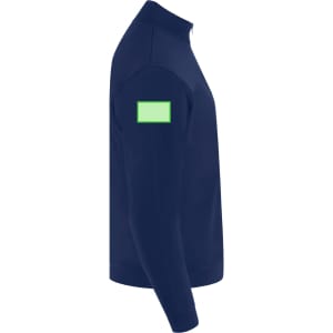 A navy adult sweatshirt featuring a green square logo on the sleeve.