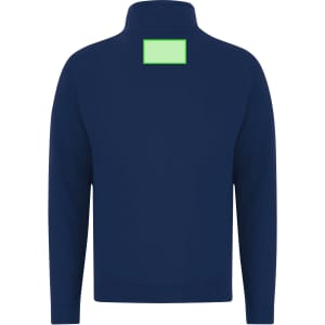 A navy blue adult sweatshirt featuring a high neck and a blank area on the back for branding.