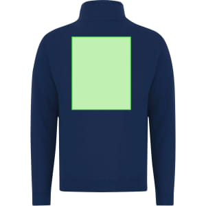 A navy blue adult sweatshirt featuring a large green square on the back and a logo.