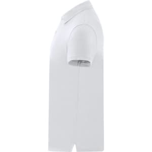 A white adult polo shirt featuring short sleeves and a collar, with a logo on the front.