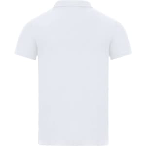 A white adult polo shirt with a classic collar and short sleeves, featuring a logo on the chest.