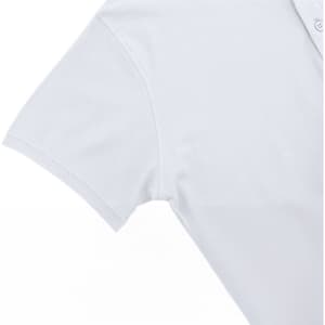 A white polo shirt with a collar and short sleeves, featuring a logo on the chest.