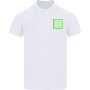 A white adult polo shirt featuring a collar and a small logo area on the front.