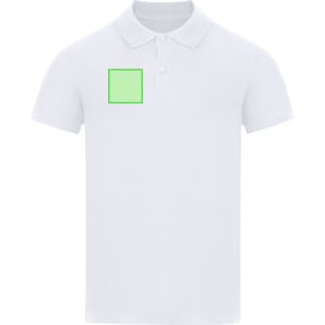 A white adult polo shirt featuring a collar and a logo area on the left chest.