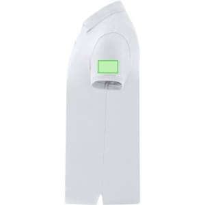 A white polo shirt featuring a short sleeve and a green logo patch on the right arm.