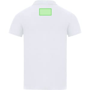 A plain white polo shirt with a classic collar and a logo on the back.