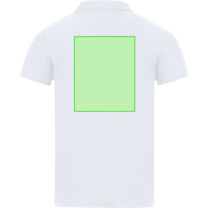 A white adult polo shirt featuring a square design on the back and a logo.